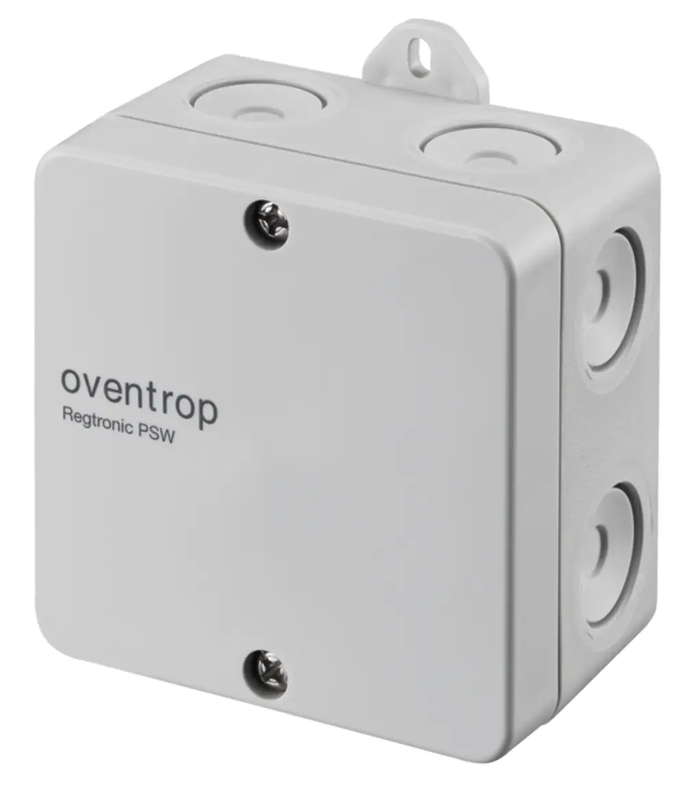 Oventrop Signalkonverter in quadratischer Form mit zwei Anschlussöffnungen, montierbar und in neutraler Farbe, geeignet für die Regelung von Hocheffizienzpumpen.